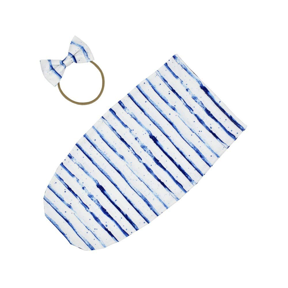 Winmany Baby Swaddle Blanket Wrap Photography Prop, Bow Headband - Blue Stripe image 0