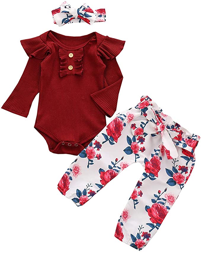 Boutique Baby Girl Outfit Set, Wine Red - 3 pc Romper, Pants, Headband (12-18 M) image 0