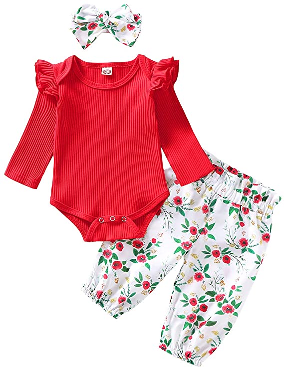 Boutique Baby Girl outfit, Bright Red- Romper, Pants, Headband (0-6 m) image 0