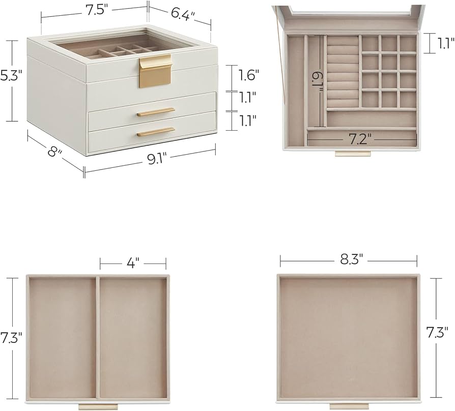 SONGMICS Jewelry Box with Glass Lid, 3-Layer Jewelry Organizer, 2 Drawers, 8 x 9.1 x 5.3 Inches, Cloud White and Gold Color UJBC239WT