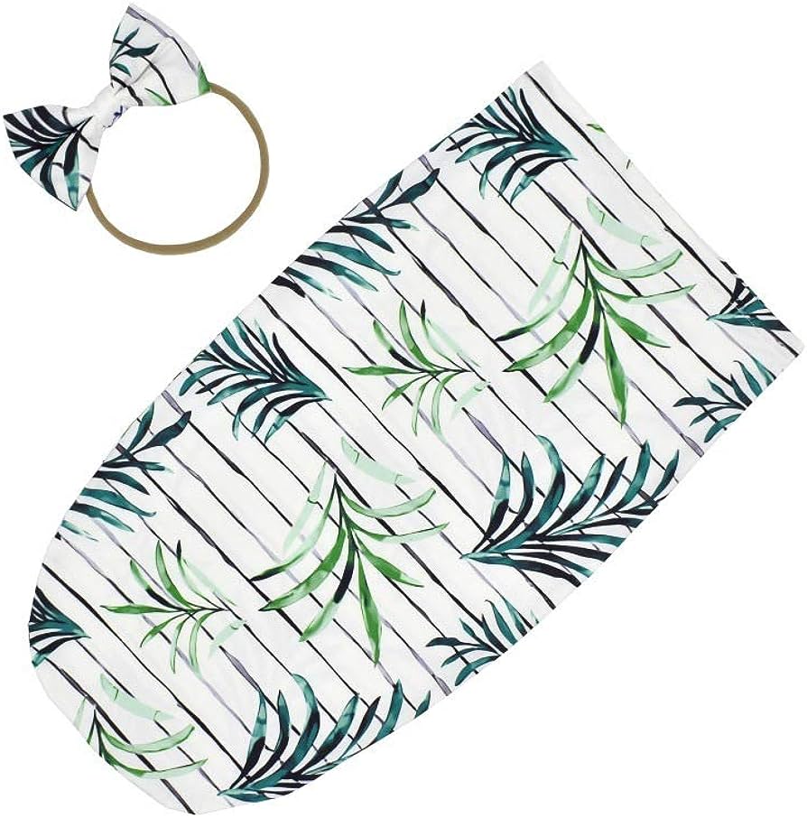 Winmany Swaddle Blanket Wrap w Bow Headband-Green Stripe image 0