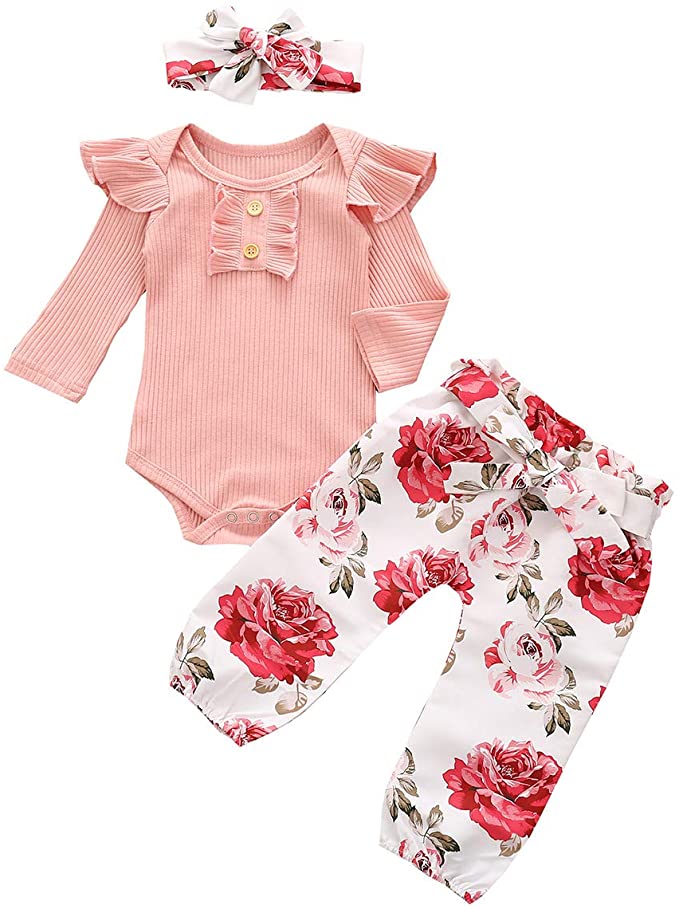 Boutique Baby Girl Outfit Set, Pink/Pink Rose - Romper, Pants, Headband, 6-12 m image 0