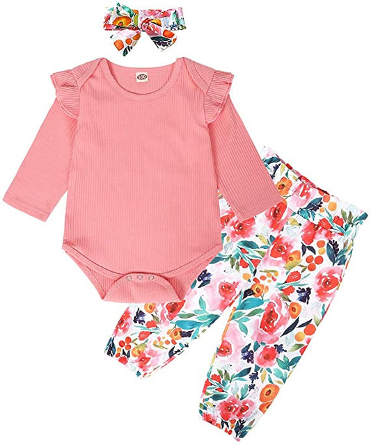 Baby Girl Outfit Set, Pink/Multicolour - Romper, Pants, Headband (0-6 M) image 0