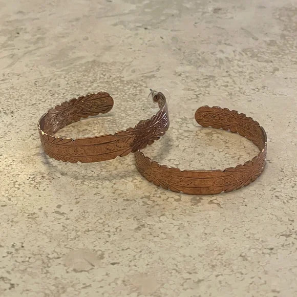 Bronze Tone Engraved Floral Open Hoop Earrings image 0