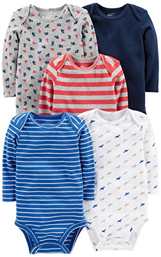 ZZ Carter's Bodysuits,  Long Sleeve, Pack of 5, Blue/Red/Grey (Newborn) image 0