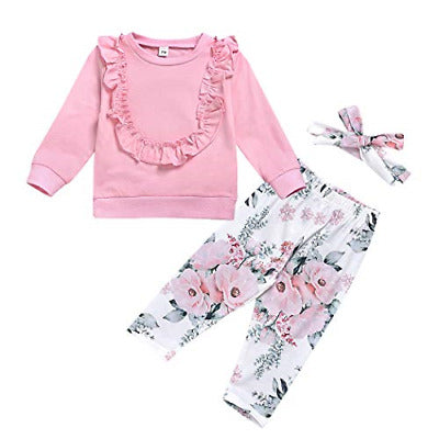 Boutique Baby Girl Outfit Set, Pink/White - Romper, Pants, Headband (12-18 M) image 0