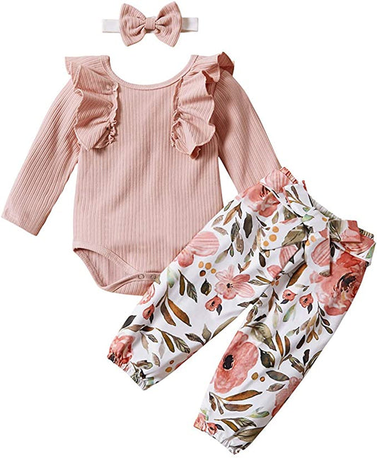 Baby Girl Outfit Set, Pink/Green - Romper, Pants, Headband image 0