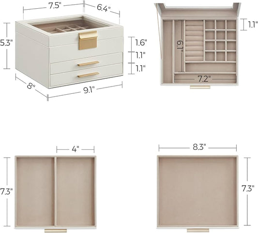 SONGMICS Jewelry Box with Glass Lid, 3-Layer Jewelry Organizer, 2 Drawers, 8 x 9.1 x 5.3 Inches, Cloud White and Gold Color UJBC239WT