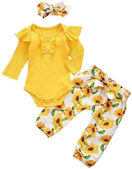 Baby Girl Outfit Set, Yellow/Sunflower - Romper, Pants, Headband (12-18 m) image 0