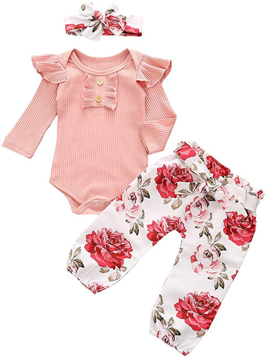 Boutique Baby Girl Outfit Set, Pink/Pink Rose - Romper, Pants, Headband, 6-12 m image 0