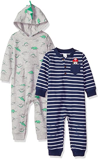 Carter's baby boys 2-pack One-piece Romper Jumpsuit, Grey Dino/Navy Stripe image 0