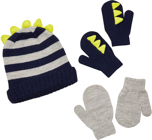 Carter's Baby Boys Hat & Mitten Set | Stripe Blue Green Dinosaur (12-24 M) image 0