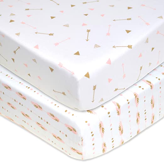 American Baby Company 2 pk Mini Crib Sheets, Sparkle Gold/Pink Feathers/Arrows image 0