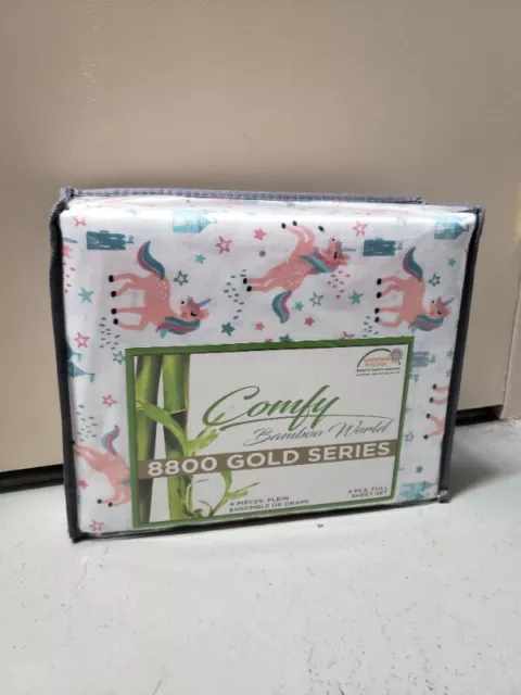 zz Comfy Bamboo World 8800 Gold Series 4 pcs Unicorn Printed Sheet Set Full image 0