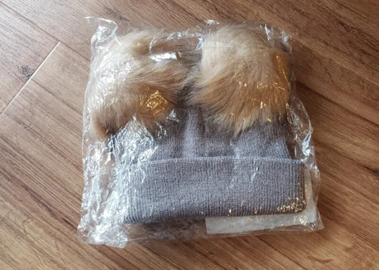 Baby Beanie/Winter Hat, Brown with Poms Poms image 0